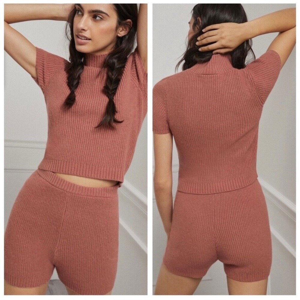 Anthropologie Lounge Set Women's Large Pink Sweater Knit Stretch 2 Piece NEW